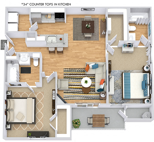 Benton 3D. 2 bedroom apartment. Kitchen with bartop open to living/dinning rooms. fireplace. 2 full bathrooms. Walk-in closets. Patio/balcony.